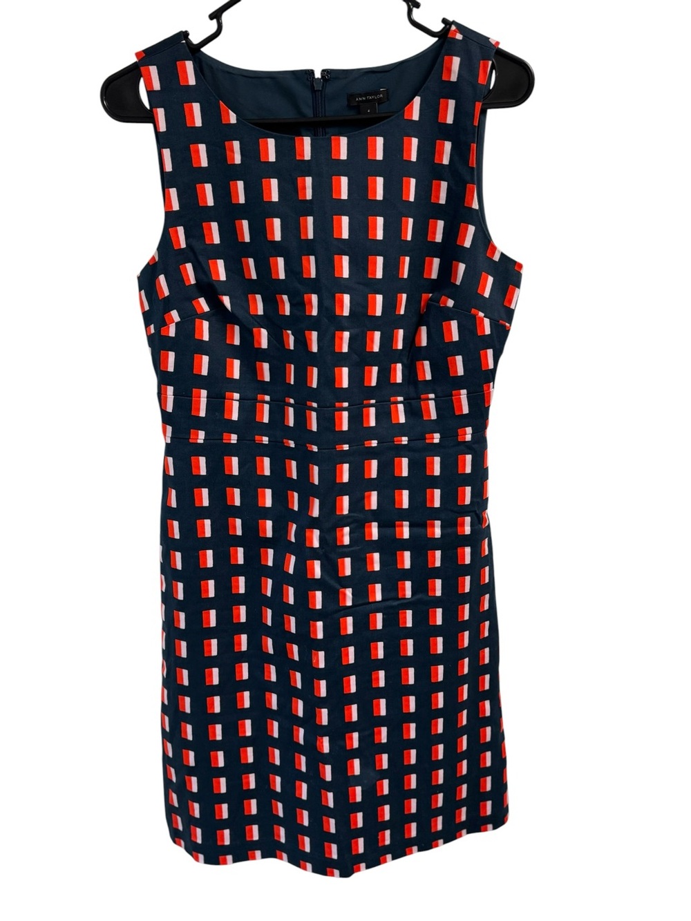 Ann Taylor‎ Sleeveless Navy Dress with Red & White Windowpane Pattern Mod Career